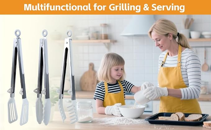 Kitchen Tongs,Set Of 3 Tongs with Silicone Tip for Cooking 9/12 Inch Stainless Steel Kitchen Tong for Meat,Food Grill,Salad,BBQ,Frying,Serving,Dishwasher (White, 9 Inch)