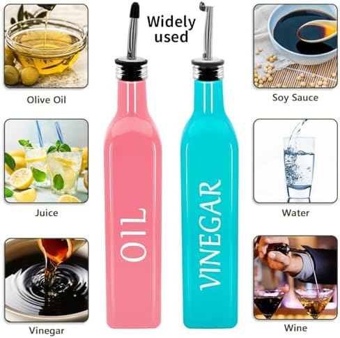 Olive Oil Dispenser Bottle,2 Pcs 17oz 500ml Glass O il and Vinegar Dispenser Set with 2 Stainless Steel Pourers, 8 Labels,Funnel Vinegar Bottles for Kitchen (Pink Oil & Turquoise Vinegar)