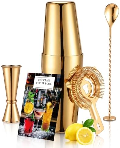 Boston Cocktail Shaker Set, 18 oz & 28 oz 2-Piece Tins, 304 Stainless Steel Bartender Kit 5-Piece Bar Tool Set with Recipe Book, Perfect for Novices & Pros, Home and Bar Use (Gold)