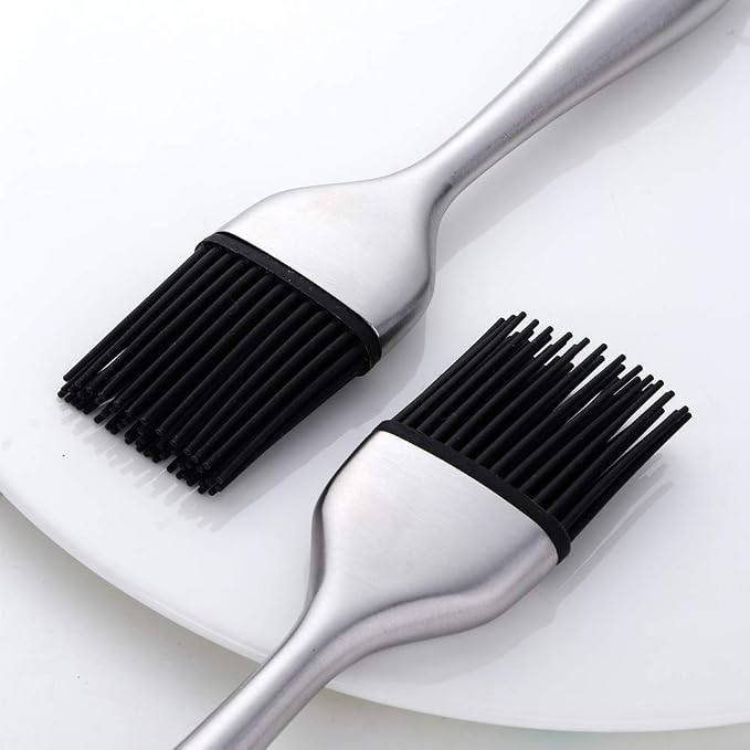 2 Pack Grill Basting Brush with 2 Pack Back Up Silicone Brush Heads, No Shed Bristles Stainless Steel Handles Heatproof Rust Resistant, Pastry Brushes for Kitchen Cooking BBQ (Silver)