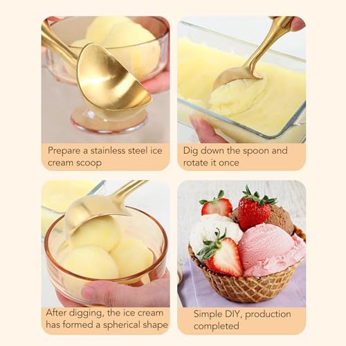 Ice Cream Scoop, Metal Ice Cream Scooper, Stainless Steel Ice Cream Scoop, Nonstick Anti Freeze One Piece Scooper Spoon, Long Handle Ice Cream Ball Spoon for Ice Cream, Cookie Dough, Sorbet (Gold)