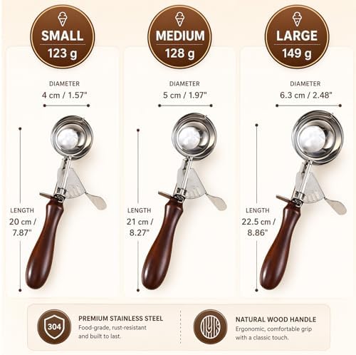 Ice Cream Scoop with Invisibility Trigger Release, Cookie Scoop for Baking, 304 Stainless Steel Cookie Dough Scooper with Release Lever, Disher for Muffins, Fruit & Vegetables (Medium & Small)