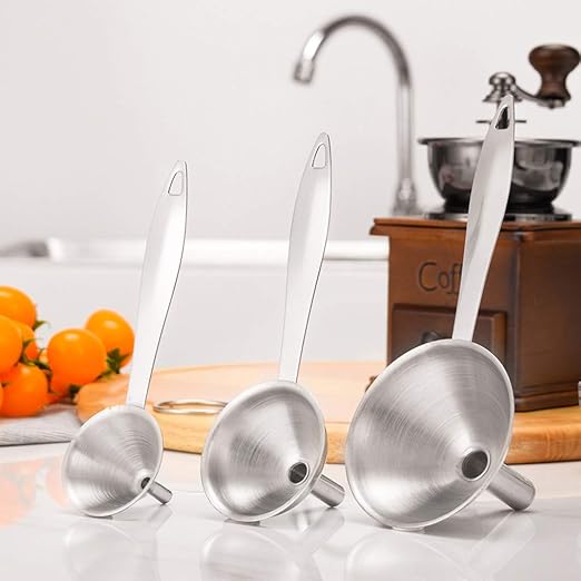 Small Funnels for Filling Bottles, 3 Pcs Stainless Steel Kitchen Funnel Set, Food Grade Mini Metal Funnel for Transferring Essential Oils, Liquid, Fluid, Dry Ingredients & Powder, Durable and Dishwash