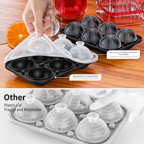6 Chamber 2.2" 3D Baseball Gifts Ice Cube Tray With Funnel,Large Round Ice Ball Maker Mold Silicone Fun Shapes Bourbon Sphere Ice Molds,For Chilling Whiskey,Cocktails,Bourbon,Brandy and Beverages