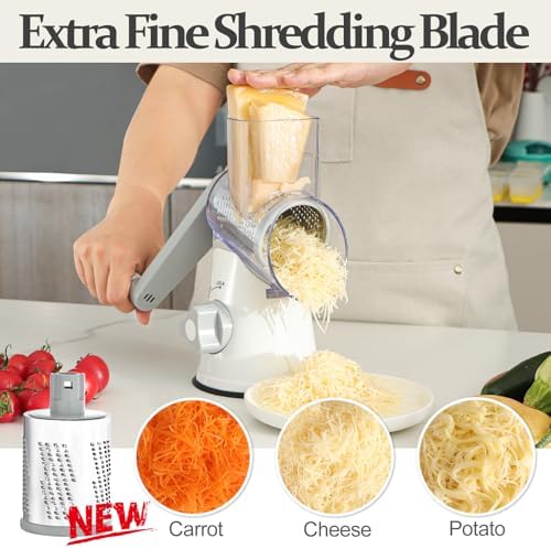 Cambom Rotary Cheese Grater Hand Crank Cheese Shredder for Fresh Cheese, Vegetable, Nuts,Non-slip Suction Base, Five Blades, White (Pack of 2)