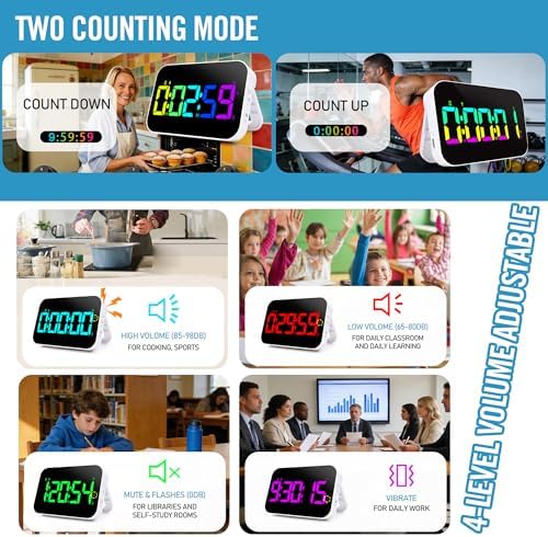 Kitchen Digital RGB Timer, Count Down Up, Rechargeable, Vibration Mode Adjustable Volume and Brightness LED Display, Time Management Cook