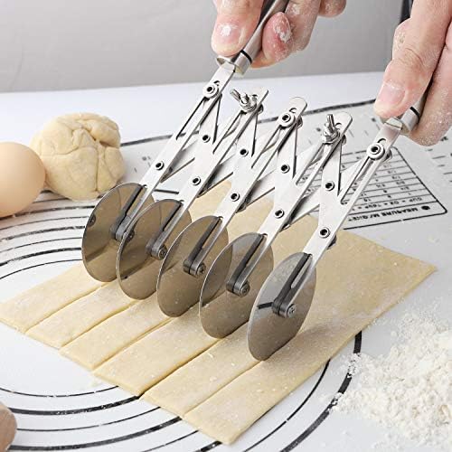 5 Wheel Pastry Cutter with Handle Stainless Steel Double cutter Adjustable Pizza Slicer Multi-Round Dough Cutter Roller (silver)