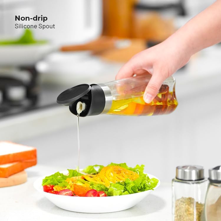 Premium Glass Olive Oil and Vinegar Dispenser Bottles Set, 2-Piece 11oz Kitchen Cooking Cruet with Auto-Open Lid, Non-Drip Pouring Spout, Oil Infuser Filter, Dishwasher Safe