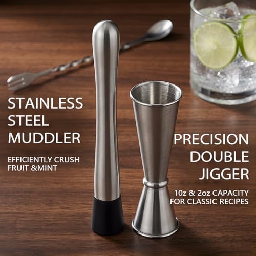 Muddler for Cocktails, 10 Inches Bar Spoon, 1 oz 2 oz Double Jigger- Premium 3 Piece Silver Mixing Tools Set for Drinks
