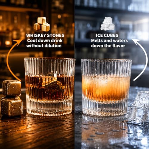 Whiskey Glass Gift Set for Men, 2 Ribbed Old Fashioned Glasses with 6 Gold-Tone Stainless Steel Whiskey Stones, Tongs, Pouch and Wooden Gift Box, Bourbon Scotch Gifts for Dad Husband