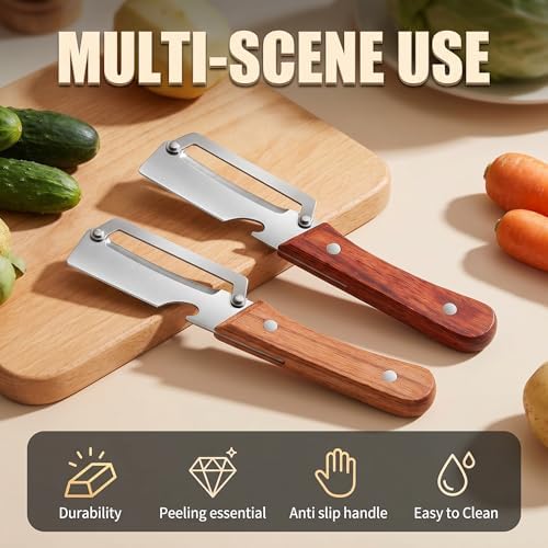 Multi-Functional Vegetable Peeler for Kitchen,Zero Snag Wooden Peeler with Bottle Opener,Hand Held Peeler Slicer Kitchen Tool,2-In-1 Stainless Steel Kitchen Tool for Potato Pumpkin Zucchini (2 PC)