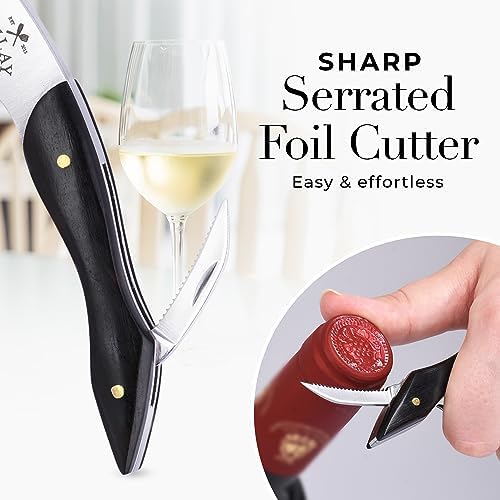 Zulay Kitchen Corkscrew Wine Opener - Premium 420 Stainless Steel & Ebony Wood Wine Bottle Opener - Double Hinged Opener with Foil Cutter & Cap Remover - Ebony Wood