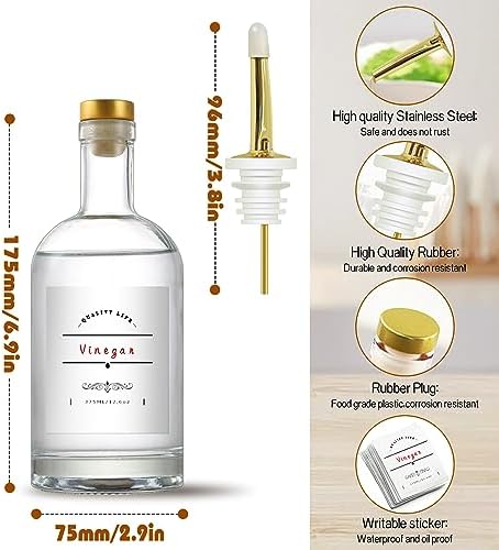 Olive Oil Dispenser Bottle for Kitchen, Clear Glass Oil and Vinegar Dispenser Set, Coffee Syrup Dispenser, Container With Metal Pour Spout, Airtight Lid, Funnel, Waterproof Labels (375ml-4 Pack)