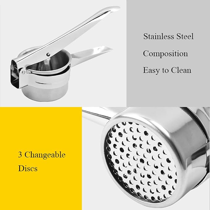 Large Stainless Steel Potato Ricer, 3 Interchangeable Discs for Fine, Medium, and Coarse, Heavy Duty Potato Masher and Ricer Kitchen Tool，Press and Mash For Perfect Mashed Potatoes