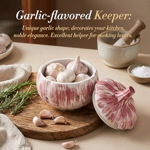 Garlic Keeper, Ceramic Garlic Keeper with Lid, Garlics Holder Countertop