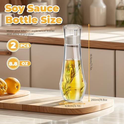 2 Pack Oil and Vinegar Dispenser with No-Drip Spout, Glass Soy Sauce Dispenser Bottle Set, Olive Oil Cruet with Dust Cap for Kitchen Cooking, 8.8oz
