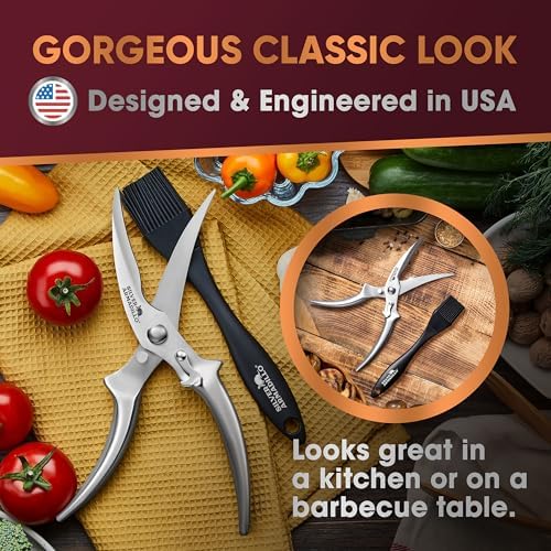 Heavy Duty Poultry Shears - Professional Stainless Steel Kitchen Scissors for Bone, Chicken, Meat, Fish & Vegetables - Spring Loaded (Stainless Steel handles)