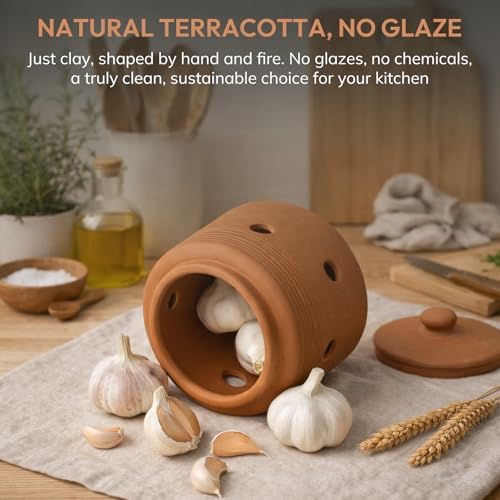Garlic Keeper for Counter, Garlic Storage Container with Lid, Terracotta Garlic Holder to Keep Garlic Fresher Longer, 4.3 inches