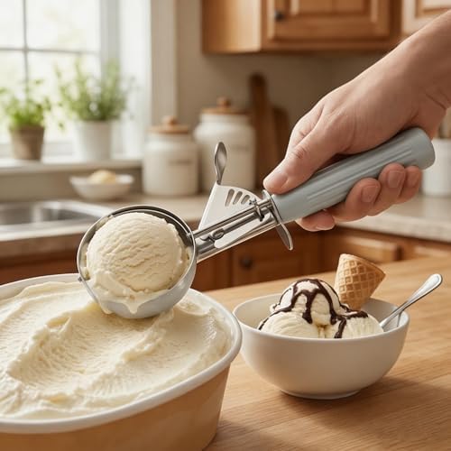 TOPKITCHEN Commercial-Grade Ice Cream Scoop 3.25 oz, 18/8 Stainless Steel Cookie Scoop with Plastic Handle, Portion Control Disher Scoop for Bakeries, Restaurants & Dessert Shops, #10, Ivory