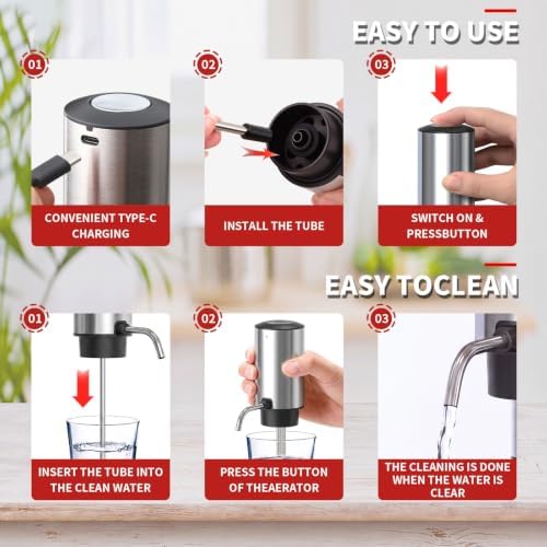 Wine Gifts-Wine Aerator Pourer-Rocyis Electric Wine Dispenser, One Touch Smart Wine Decanter w/Storage Base & Retractable Tube (USB Rechargeable)