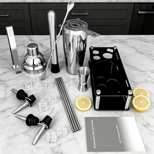 14-Piece Cocktail Shaker Set with Stand, Bartender Kit, 25oz Shakers, Bar Set Cocktail Shaker Set, Jigger for Bartending Kit, Drink Mixer Set, Cocktail Set Recipes Booklet Home, Bar, Party (Silver)