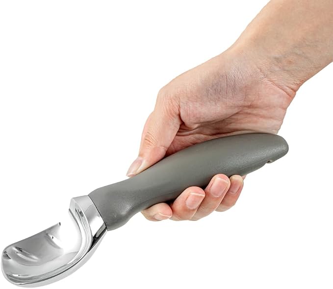 Restaurantware Comfy Grip 7.9 x 2 Inch Kitchen Ice Cream Scoop 1 Heavy-Duty Ice Cream Disher - Ergonomic PP Handle Dishwashable Gray Metal Ice Cream Spade With Lid Opener Notch Multi-Use