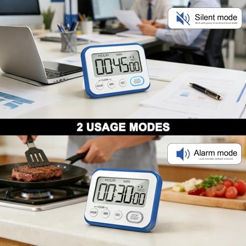 Digital Kitchen Timer Magnetic Loud Alarm, Large LCD Screen Silent/Beeping Multi-Function for Teachers Classroom Kids, Blue