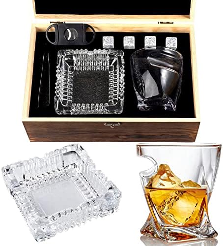 Whiskey Glass Gift Set - Bourbon Whiskey Stones Gift Set - Rocks Whisky Chilling Stones - Scotch Glassess Gift in Wooden Box - Wisky Stones Set - Burbon Gifts for Men Dad for Birthday Fathers Day