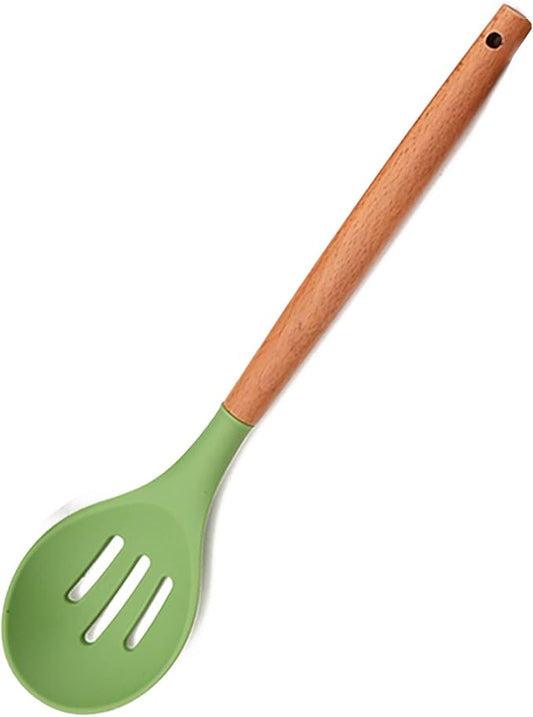 1pcs Avocado Green Silicone Cooking Utensils Heat Resistant Slotted Spoon Mixing Spoon,Wooden Handle Cooking Backing Spoons Set for Stirring, Mixing and Serving