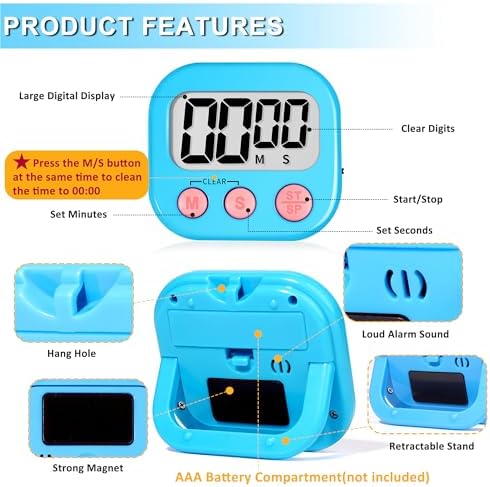 ZILLEEN Digital Kitchen Timers for Cooking Kids Blue Green 6 Pack