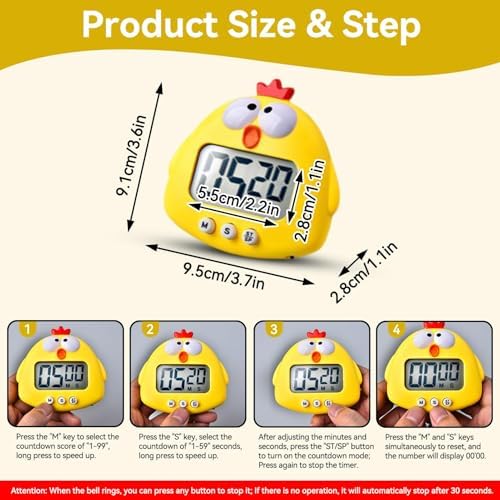 Cute Cartoon Animal Digital Timers, Countdown Timer Kid Timers LCD Display Magnetic Kitchen Timer with ON/Off Switches for Kitchen Cooking Bake Accessories(Yellow)