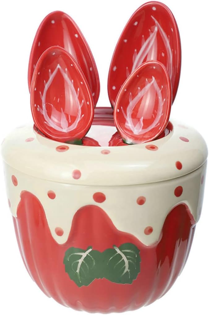 Sizikato 4pcs Porcelain Measuring Spoons with Base, Cute Strawberry Shape