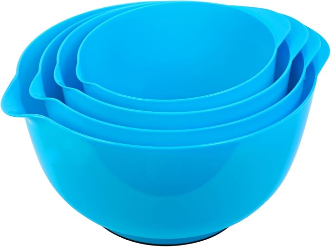 BoxedHome Plastic Mixing Bowls with Pour Spout, Microwave Safe, 4.5 Quart | BPA Free, Non-slip Base Set for 4, 4.5,3.5,2.5 and 1.7QT, Dishwasher Safe Nesting Bowl for Prep, Cooking, Baking (Teal)