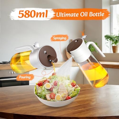 Oil Spray Bottle 580ml, 2-in-1 Oil Dispenser & Sprayer Glass Bottle for Kitchen, Fine Mist & Clog-Resistant for Olive-oil, Air Fryer, Kitchen Cooking
