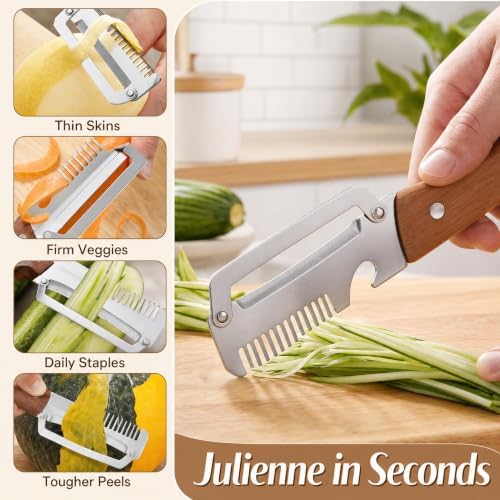 Upgrade Vegetable Peeler and Julienne Peeler Set, 2-Pcs Multifunctional Stainless Steel Veggie Peelers for Kitchen with Wood Handles & Built-in Bottle Opener, Sharp Potato, Carrot & Scallion Shredder