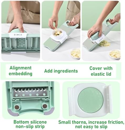 Vegetable Chopper, Mandoline Food Slicer Cutter with Handheld Container, 6 Blades and Blade Box, Cucumber Slicer, Magnetic Kitchen Tools for Veggie Potato Onion Carrot (Green(No magnet), 7 in 1)