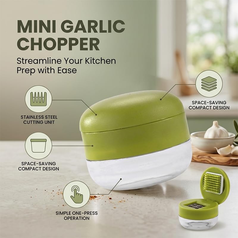 Garlic Press and Chopper with Container, Garlic Crusher and Mincer, Stainless Steel Blade Garlic Slicer, Manual Garlic Cutter for Kitchen Cooking and Food Prep (1)