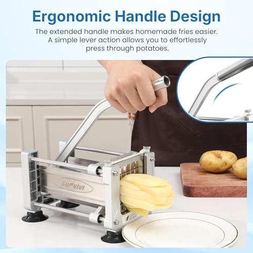 Commercial French Fry Cutter with 1/2 Inch & 3/8 Inch Blade, Heavy Duty Potato Slicer, Potatoes Cutter for Potatoes, Carrots, Cucumber, Onion, Yam, Stainless Steel