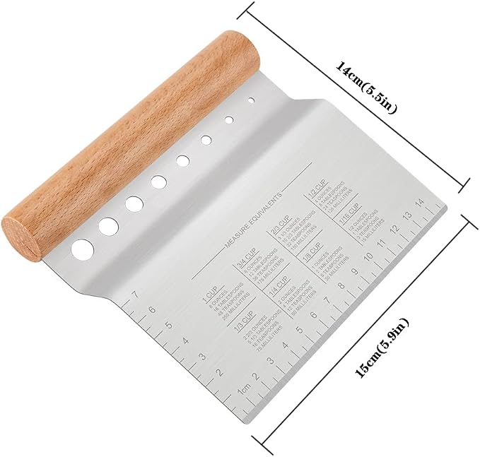 Stainless Steel Pastry Scraper, Dough/Pastry/Bread Bench Scraper/Cutter/Chopper/Pizza Cutter /Stainless Herbal Peeling Machine with Non-Slip Rectangle Wood Handle and Herb Stripper 8-hole