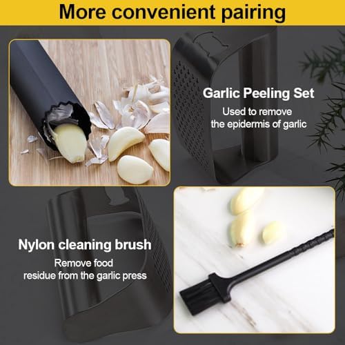Stainless Steel Garlic Presser, Garlic Press Rocker Heavy Duty Stainless Steel Garlic Mincer, Garlic Chopper with Peeler And Cleaning Brush for Smash Garlic Kitchen Tools (A)