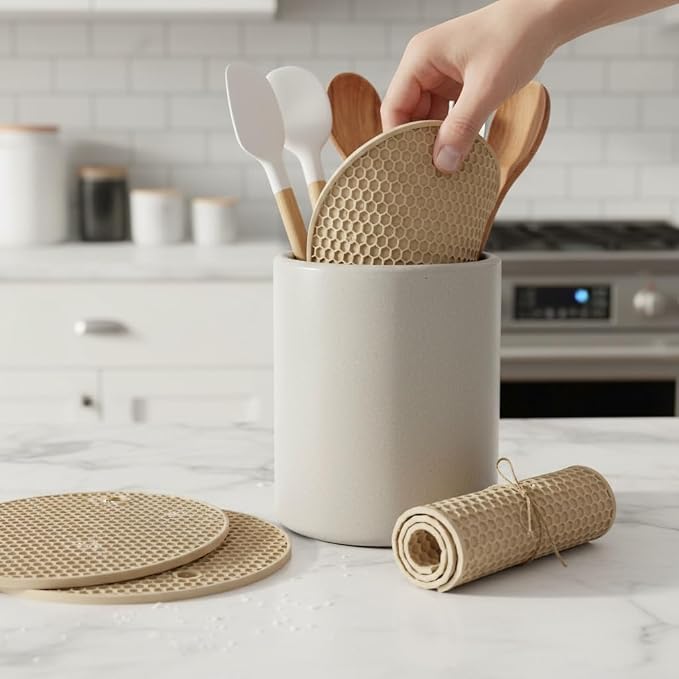 6-Pack Silicone Trivet Mats, Heat Resistant Hot Pads, Dishwasher Safe Kitchen Mats, BPA-Free Pot Holders for Table, Countertop, Stove, Honeycomb Design (Beige, 7” Square/Round)