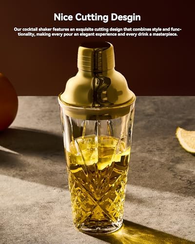15oz Gold Lid Crystal Cocktail Shaker, Lead-Free Glass with #304 Steel Strainer,Dishwasher Safe,Fit the Coffee Table Decor, Wedding Favors and any Bar Cabinet.(Leak-Proof)