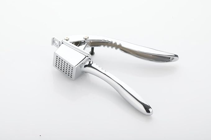 Garlic Press Set, Stainless Steel Garlic Crusher & Mincer Tool with Ergonomic Soft Handle, Easy-Squeeze Design, Includes Silicone Garlic Peeler Tube & Cleaning Brush, Silver