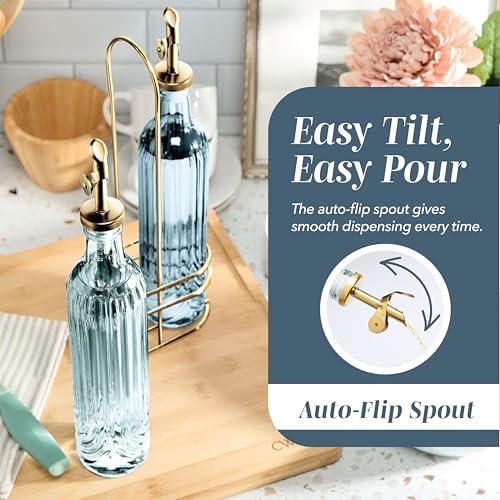 COOK WITH COLOR Glass Olive Oil Bottle Dispenser - 2 Pack- 17oz Oil and Vinegar Cruet - Olive Oil Carafe Decanter for Kitchen, Elegant Fluted, Blue
