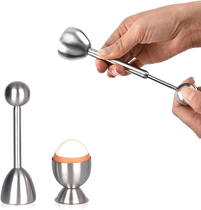 Egg Cracker Topper Set for Soft Boiled Eggs Includes 1 Stainless Steel Egg Topper 6 Egg holder cups 6 Egg Spoons 1 Egg Timer 1 Egg Yolk Separator