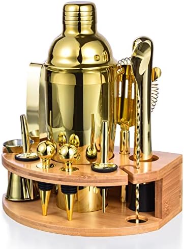 Bartender Kit with Stylish Bamboo Stand, 12 Piece 25oz Cocktail Shaker Set for Mixed Drink, Professional Stainless Steel Bar Tool Set, Gift for Man Dad- Cocktail Recipes Booklet (Gold)