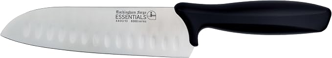 Rockingham Forge Essentials 8007 Range Lightweight Stainless Steel 7” Santoku Knife with Black Handle, Individually Carded