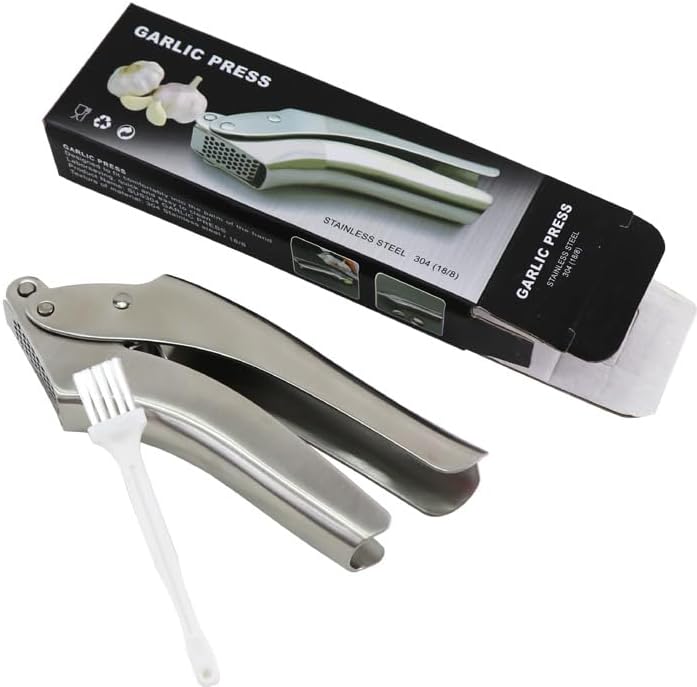 Premium Heavy Duty Garlic Press - 100% 304 Stainless Steel Professional Garlic Mincer & Crusher - Easy Clean Dishwasher Safe Kitchen Tool, Includes Custom Cleaning Brush
