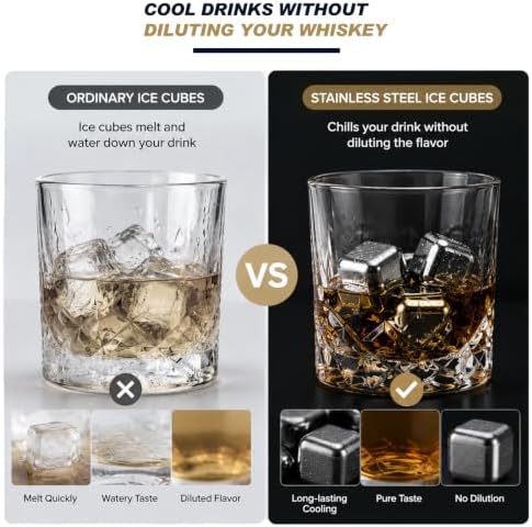 Reusable Stainless Steel Whiskey Ice Cubes 16 Pack with Storage Tray & Anti-Slip Tongs, Metal Chilling Stones No Dilution for Bourbon Scotch Cocktails Home Bar Accessories