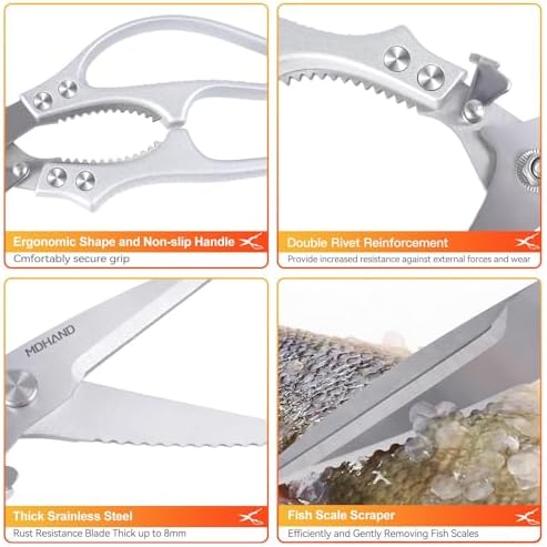 MDHAND Heavy Duty Poultry Shears, Kitchen Food Scissors All Purpose for Meat Cutting, Chicken Fish Fruit Vegetables, Dishwasher Safe Kitchen Shears with Anti-Slip Handle & Safety Lock, Spring Loaded